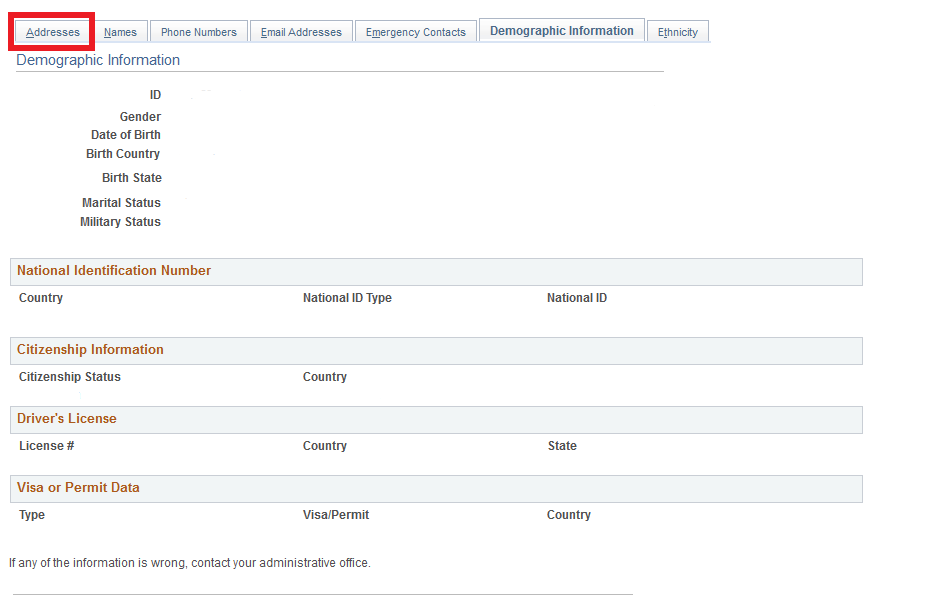 addresses tab tab highlighted on demographic page in student center